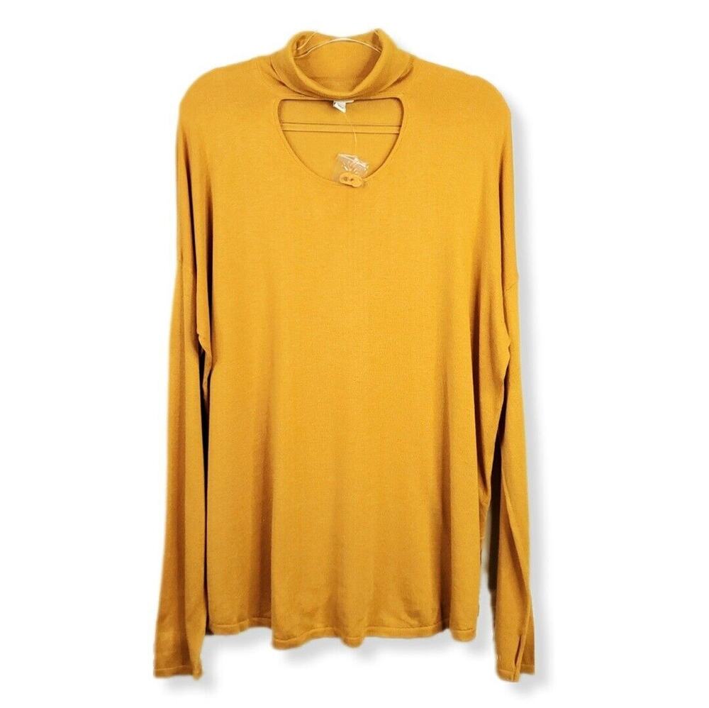 Women Peace Love World Yellow Cutout Mock Neck Top XL Cozy Relaxed Casual  NEW